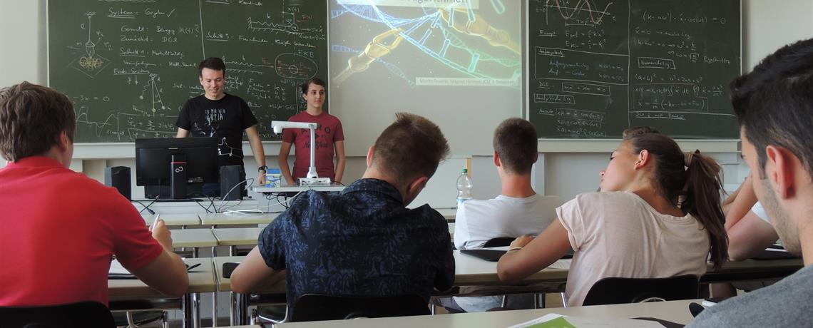 Professor erklärt Studierenden an Tafel komplexe Rechenwege und Formeln